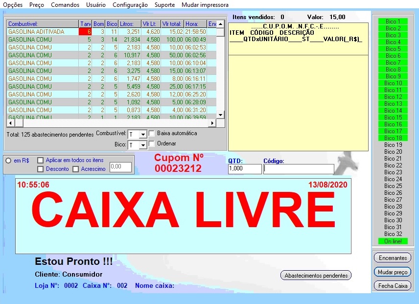 Tela de Caixa do Posto de Combustivel